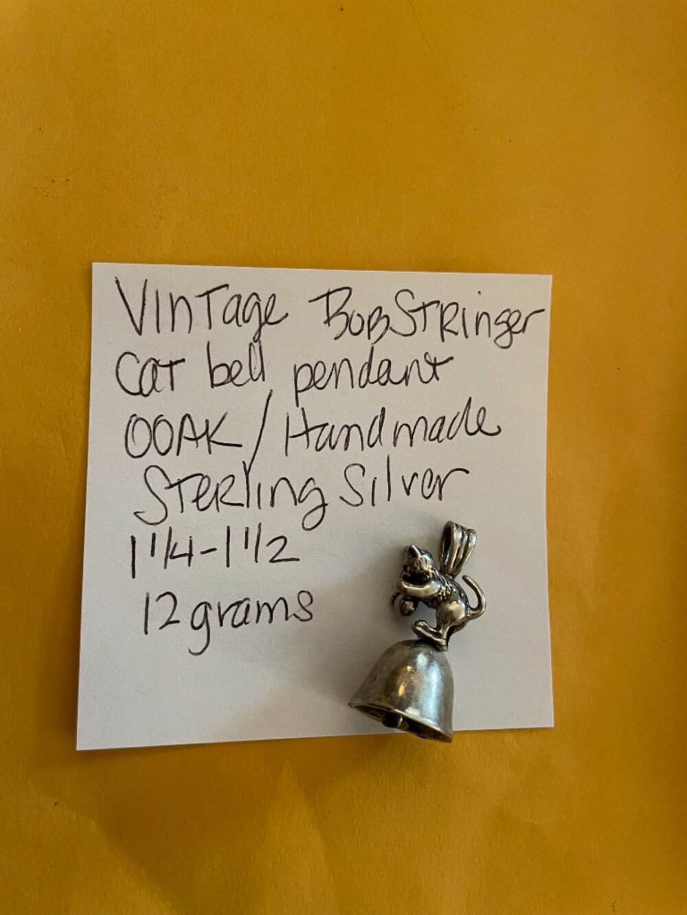 Vintage Sterling Silver Handmade OOAK Cat Bell Pendant Bob Stringer Y2K $125 - Picture 12 of 12